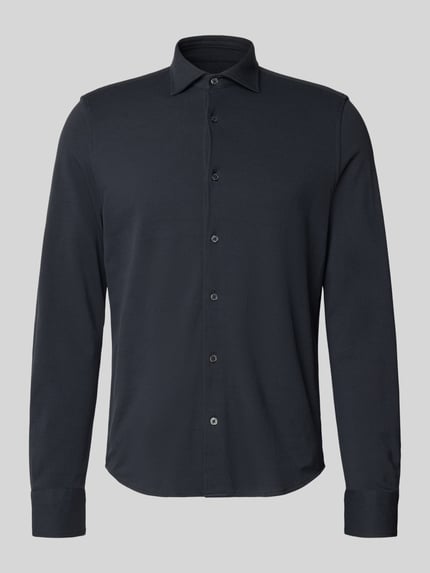 Produktfoto, Shaped Fit Freizeithemd aus reiner Baumwolle von Marc O'Polo, unifarben, Cutaway-Kragen, Piqué-Struktur, dunkelblau