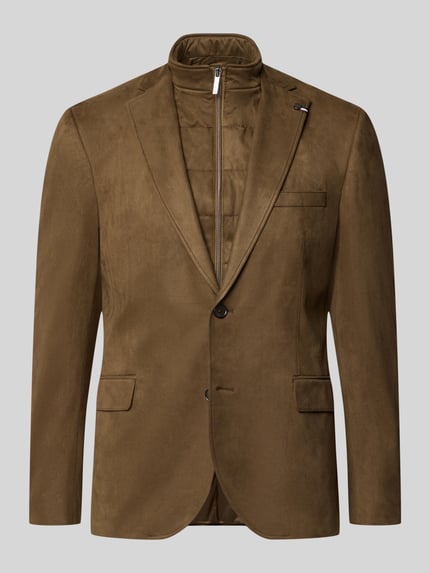 Produktfoto, Regular Fit Sakko mit herausnehmbarer Steppweste von BUGATTI in Uni-Braun, Reverskragen, Knöpfe, Brust- und Seitentaschen, Textur matt, Label-Detail, Zwei-Knopf-Verschluss, Reißverschluss, für Herren