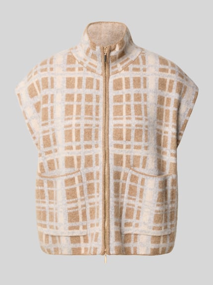 Produktfoto, Weste aus Wolle mit Eingrifftaschen und Stehkragen von Christian Berg Woman, beige und weiß kariert, Straight Fit, Reißverschluss, Kappärmel, reine Wolle, Rückenlänge bei Größe S 51 cm.
