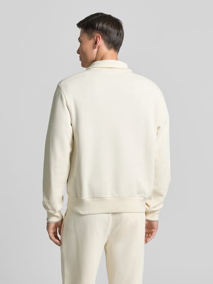 Männermodel trägt Regular Fit Troyer aus reiner Baumwolle Modell 'C-SEIDLER 55' von BOSS in Optik: unifarben, Stricktextur, Rumpfabschluss: gerippt, Ärmelabschluss: gerippt, Materialverarbeitung: Strick, Farbe hell, Ganzkörperansicht Rückansicht.