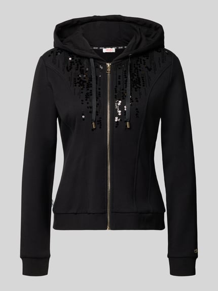 Produktfoto, Sweatjacke aus Viskose-Elasthan-Mix mit Pailletten von Liu Jo, schwarze Damen Sweatjacke, Slim Fit, Kapuze, Reißverschluss