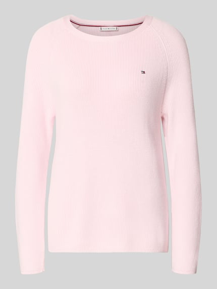 Produktfoto, Regular Fit Pullover aus reiner Baumwolle von Tommy Hilfiger in Optik: Unifarben mit Logo-Stitching, Rippstrick, Rundhals, Langarm