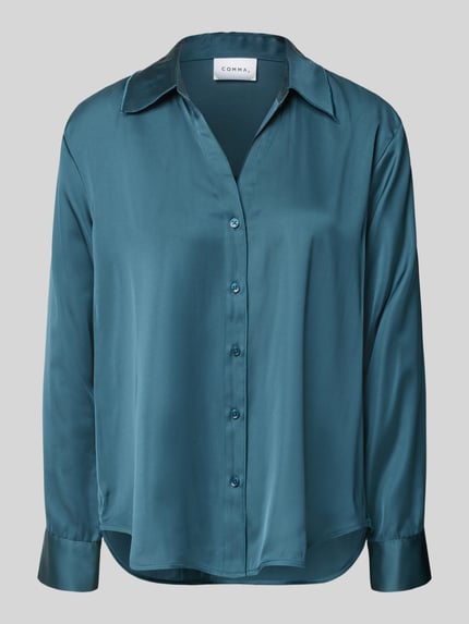 Productfoto, Regular Fit Bluse aus Viskose-Mix mit V-Ausschnitt van comma, glanzend blauwgroen, Overhemdkraag, knoopsluiting, dames, viscosemix, regular fit, ruglengte maat 36: 63 cm, mouwlengte maat 36: 58 cm