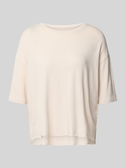 Produktfoto, T-Shirt mit U-Boot-Ausschnitt von Juvia, damski t-shirt z mieszanki bawełny i modalu, krój relaxed fit, dekolt w łódkę, półrękaw, długość tyłu przy rozmiarze S: 55 cm, jednolity jasnokremowy kolor, miękka faktura
