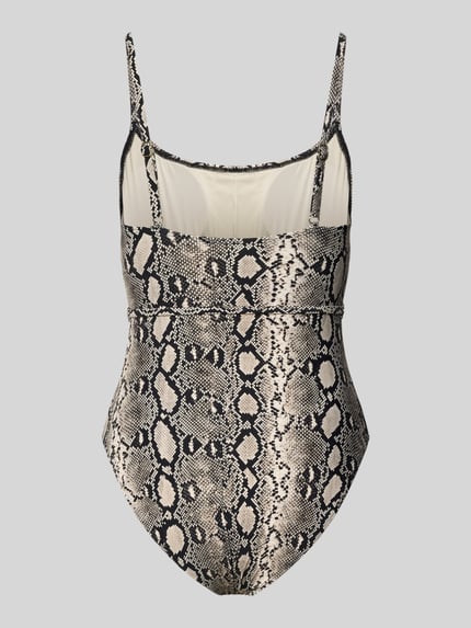 Produktfoto, Badeanzug mit Gürtel in Gliederketten-Optik von Michael Kors aus mieszanka materiałów z dodatkiem streczu, wyjmowane miseczki, regulowane cienkie ramiączka, okrągły dekolt, pasek z efektem łańcuszka z logo, wzór węża, czarno-beżowe odcienie, tekstura imitująca skórę