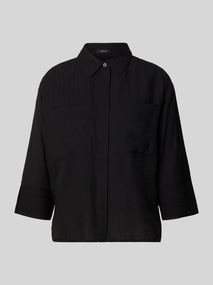 Produktfoto, Regular Fit Bluse aus Viskose-Mix mit 3/4-Arm Modell 'Forna' von OPUS, czarny, kołnierzyk koszulowy, listwa guzikowa zakryta, kieszenie na piersi, długość tyłu 64 cm, długość rękawów 40 cm, mieszanka wiskozy, krój regular fit
