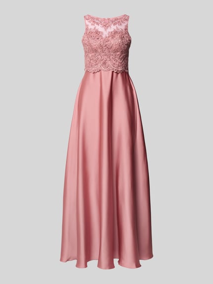 Produktfoto, Abendkleid mit floralem Spitzenbesatz von Laona in Rosa mit Ziersteinbesatz, semitransparente Optik, taillierte Passform