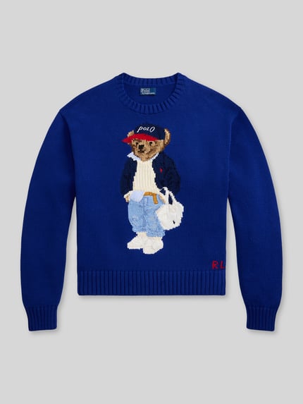 Productfoto, Regular Fit Strickpullover mit Polo-Bear-Intarsia van Polo Ralph Lauren, effen blauw, puur katoen, ronde hals, lange mouwen, gebreid