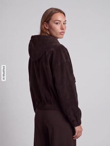Frauenmodel trägt Regular Fit Bomberjacke aus Baumwoll-Mix Modell 'KENZIE' von ONLY, Damen Bomberjacke / Blouson, Ganzkörperansicht Rückansicht, KI-modifiziertes Bild.