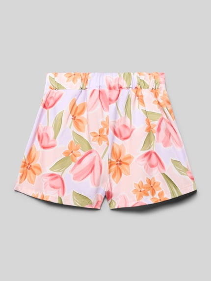 Produktfoto, Shorts im Allover-Look von Mayoral aus Baumwoll-Elasthan-Mix, Regular Fit, elastischer Bund, florales Muster in Rosa, Orange und Grün.