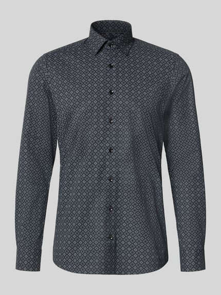 Productfoto, donkerblauw zakelijk overhemd met fijn geometrisch patroon, gladde katoenstructuur, Body Fit Businesshemd uit zuivere katoen van OLYMP Level 5