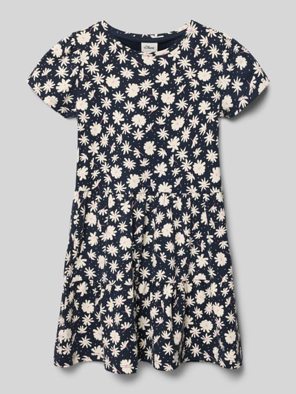 Produktfoto, Leicht ausgestelltes Freizeitkleid aus Baumwoll-Mix von s.Oliver RED LABEL, Optik:Allover-Muster mit weißen Blumen auf dunklem Grund, Passform: Leicht, Rundhals, Kurzarm