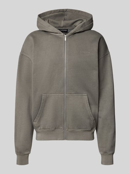 Produktfoto, Regular Fit Sweatjacke aus Baumwoll-Mix von PEGADOR in Grau mit durchgehendem Zipper, Kängurutasche und Logo-Stickerei.