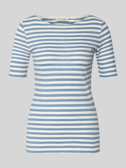 Produktfoto, Slim Fit T-Shirt aus reiner Baumwolle von Marc O'Polo mit Allover-Streifenmuster in Blau und Weiß, Logo-Print, feine Struktur