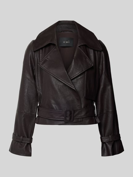Oui Jack in leerlook met reverskraag en riem Donkerbruin - 2