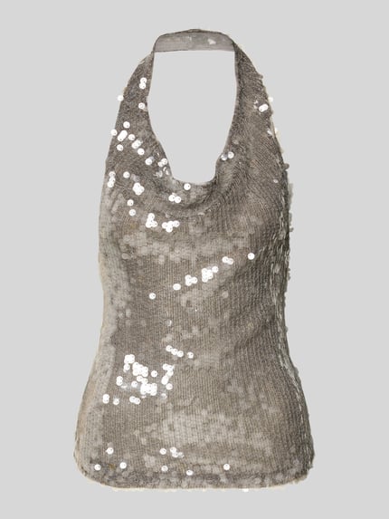 Produktfoto, Blusentop mit Neckholder von Mango, silberfarbener Viskose-Mix mit Stretch-Anteil, lockerer Schnitt, Paillettenbesatz, Rückenlänge bei Größe S 24 cm