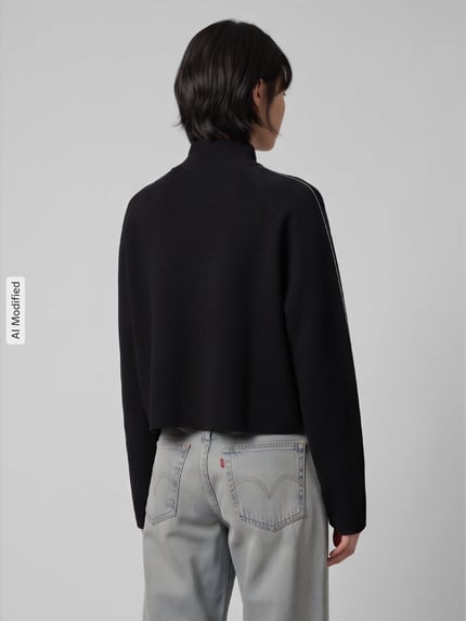 Vrouwenmodel draagt zwarte loose fit pullover met schipperskraag model 'SABA' van VERO MODA, Dames, grijze jeans, volledig achteraanzicht, KI-modificeerd beeld.