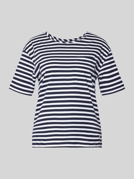 Produktfoto, T-Shirt mit Rundhalsausschnitt und Brusttasche von monari aus Reine Baumwolle im Regular-Fit mit Streifenmuster, Rückenlänge bei Größe 36: 57 cm