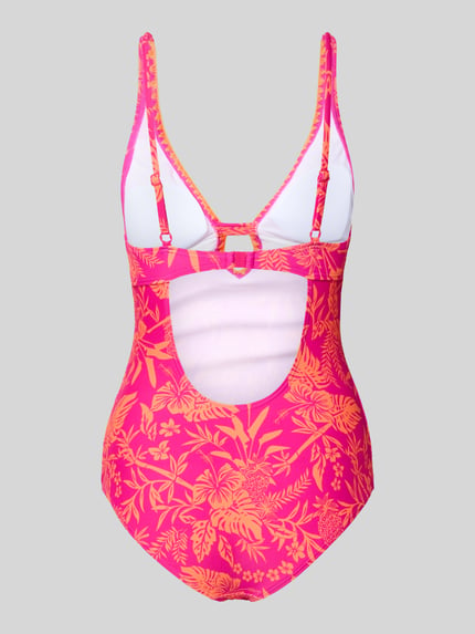 Produktfoto, Slim Fit Badeanzug mit Schlüssellochausschnitt Modell 'Kensi' von VENICE BEACH im floralen Allover-Print mit Cut-Out und elastischem Material-Mix, Rückseite mit verstellbaren Schulterriemen in Pink-Orange-Tönen