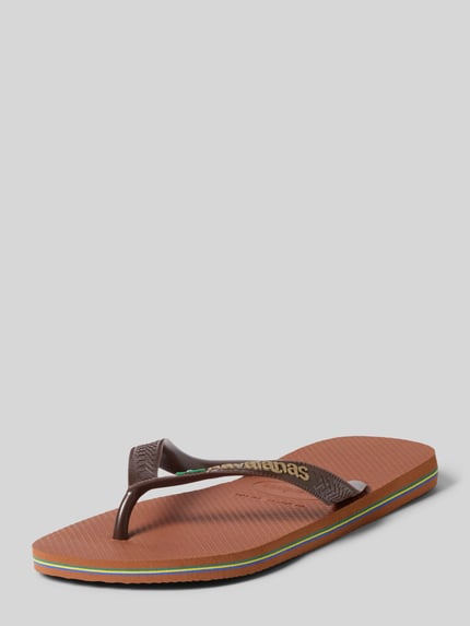Produktfoto, brauner Zehentrenner mit Label-Detail Modell 'BRASIL' von Havaianas, abgerundete Spitze, Schlupfform, Absatzhöhe 1 cm, Damen