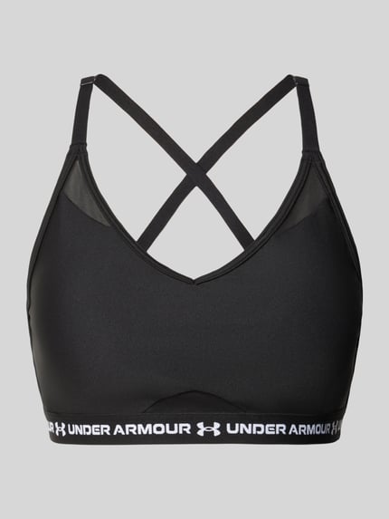 Produktfoto, schwarzer Sport-BH mit Label-Schriftzug Modell 'UA Crossback Low Bra' von Under Armour, Damen Sport-BH von Under Armour, glatte Oberfläche, elastisches Unterband