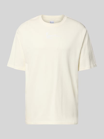 Produktfoto, T-Shirt mit Label-Stitching und Rundhalsausschnitt von KARL KANI aus Reine Baumwolle im Relaxed-Fit, Rückenlänge 70 cm, cremefarben