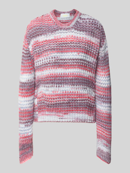 Produktfoto, Strickpullover mit Rundhalsausschnitt Modell 'SIMONE' von JJXX, Grobstrick, rot-weiß-lila Streifen, Damen, Loose Fit