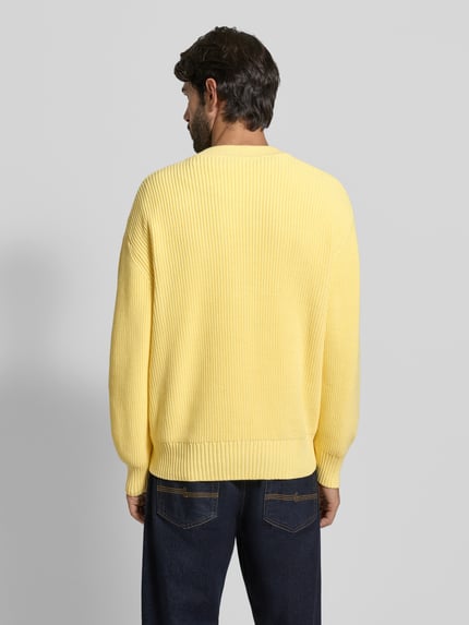 Männermodel draagt Relaxed Fit Gebreid jack uit katoenmix Model 'COTES PERLEES' van Lacoste, look: effen, model: relaxed fit, knoopsluiting, labelopschrift, labelstitching, crew neck, diepe V-hals, lange mouwen met geribde mouwboord, rompzoom geribd, materiaalverwerking: knitwear, kleur: lichtgeel, materiaalmix: katoenmix. Ganzkörperansicht Rückansicht.