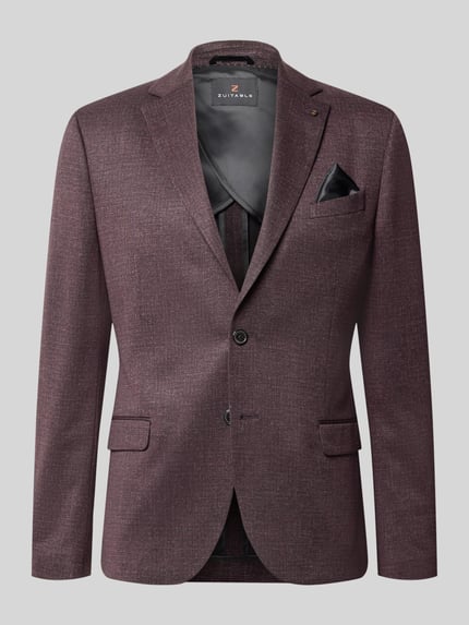 Produktfoto, Slim Fit Sakko mit Lyocell-Anteil Modell 'Nick' von Zuitable, Mieszanka materiałów z dodatkiem lyocellu, krój slim fit, kołnierz z połami, kieszeń na piersi i kieszenie z patką, listwa guzikowa, zintegrowana poszetka, długość tyłu w rozmiarze 50: 73 cm, szerokość ramion w rozmiarze 50: 41 cm, długość rękawów w rozmiarze 50: 68 cm, faktura melanżowa, kolor bordowy.