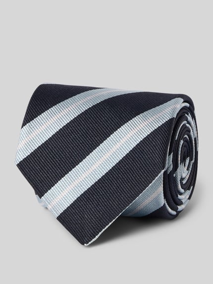 Produktfoto, Krawatte aus Seiden-Mix Modell 'H-Tie 7,5 CM-262' von BOSS, dunkelblau mit hellblauen Streifen, glatte Textur, Herren Krawatte von BOSS