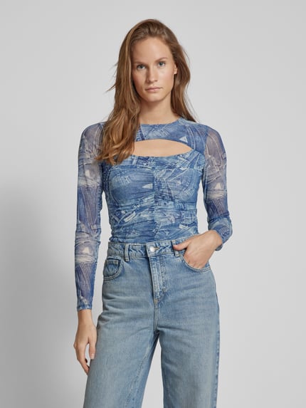 GUESS Bluzka z długim rękawem i wycięciem model ‘BRIENNA’ Jeansowy niebieski 4