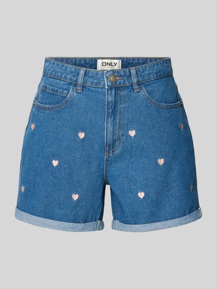 Produktfoto, High Waist Jeansshorts aus reiner Baumwolle Modell 'VEGA' von Only, Denim-Optik, Regular-Fit, Stickerei, Kontrastnähte, Knopfverschluss, Bundabschluss mit Umschlag, 5-Pocket-Design, Material aus reiner Baumwolle