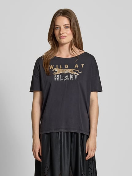 Oui Relaxed Fit T-Shirt aus reiner Baumwolle mit Motiv-Print Anthrazit 4