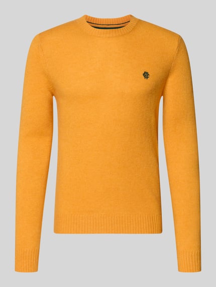 Produktfoto, Slim Fit Strickpullover aus reiner Wolle mit Label-Stitching von MCNEAL, gelb, gerippte Abschlüsse, Größe M, Herrenmode