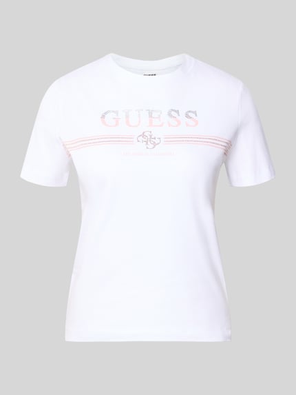 Produktfoto, weißes T-Shirt mit Strasssteinbesatz Modell 'SIENA' von Guess, Logo-Print, gerade Form, Baumwoll-Mix mit Stretch-Anteil