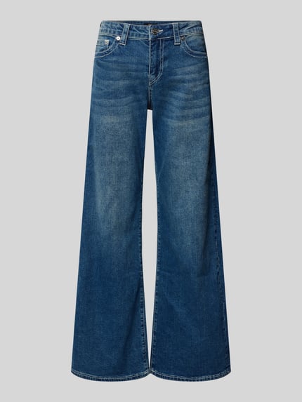 Productfoto, Jeans met wijde pijpen model 'BOBBY BAGGY' van TRUE RELIGION, blauwe katoenen-elastaanmix, used-look, vijf zakken.