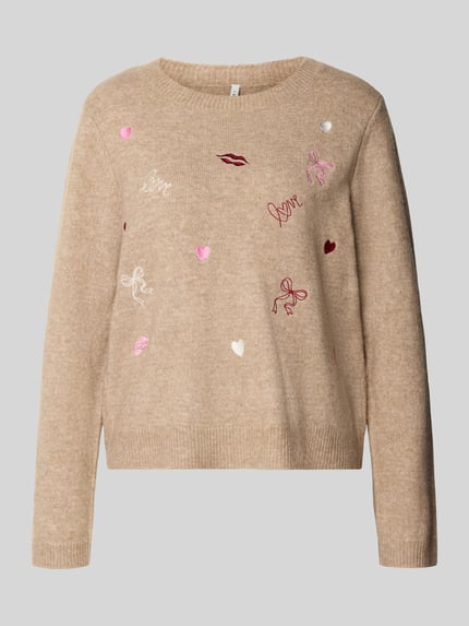 Produktfoto, Regular fit pullover mit wol, look: effen, bloemenmotief met bloemenborduursel en applicatie, ronde hals, lange mouwen, mouwboord geribd, materiaalfverwerking: knitwear, Regular Fit Pullover mit Woll-Anteil Modell 'SHINE' van ONLY