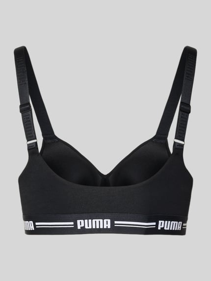 Produktfoto, Bralette mit Logo-Bund von PUMA in Schwarz, Baumwollmischung mit Modal- und Stretch-Anteil, Herzausschnitt, wattierte Cups, verstellbare Träger, elastischer Logo-Bund.