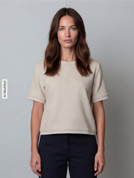 Frauenmodel trägt T-Shirt in Frotte-Optik mit Rundhalsausschnitt von Jake*s Collection, sandfarben, strukturierte Oberfläche, Boxy Fit, Material-Mix mit Baumwoll-Anteil, Ganzkörperansicht von vorne.