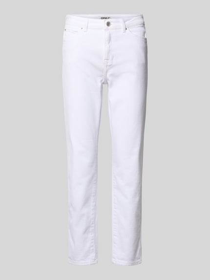 Produktfoto, weiße Straight Fit Jeans aus Baumwoll-Mix Modell 'EMILY' von ONLY, unifarben, 5-Pocket-Design, High Waist, Label Patch.