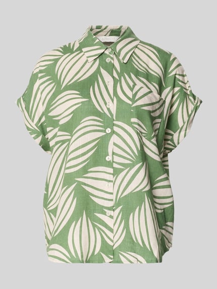 Produktfoto, Bluse aus Viskose-Mix mit Brusttasche von Apricot, groene en witte bladerenprint, loose fit, overhemdkraag, knoopsluiting, borstzak, mouwen met vaste omslag, mix van viscose en linnen
