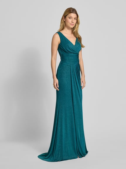 TROYDEN COLLECTION Schimmerndes Abendkleid mit V-Ausschnitt Petrol 1