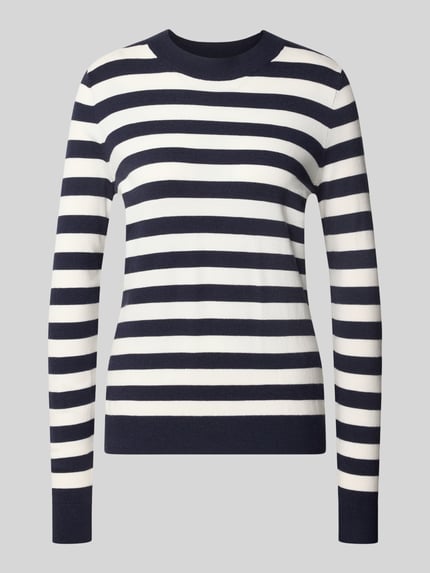 Produktfoto, Strickpullover mit Rundhalsausschnitt von Christian Berg Woman im Viskose-Mix, taillierter Schnitt, navy-weiß gestreift, gerippte Abschlüsse.