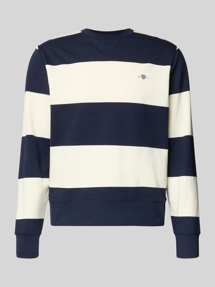 Produktfoto, Regular Fit Pullover in Strick-Optik von Gant, navy-weiße Streifen aus reiner Baumwolle, elastische Abschlüsse, Logo-Stitching.