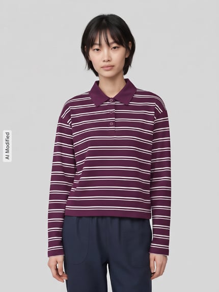 Frauenmodel trägt Relaxed Fit Poloshirt aus Baumwoll-Mix von Marc O'Polo DENIM in Lila mit weißen Streifen, glatte Textur, Ganzkörperansicht von vorne, KI-modifiziertes Bild.
