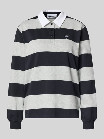 Produktfoto, Polo-Langarmshirt mit Streifen und kontrastiger Knopfleiste von Review, Regular-Fit Reine Baumwolle, gesticktes Logo in Kontrastfarbe