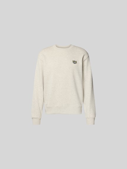 Produktfoto, Sweatshirt aus reiner Baumwolle von Kenzo, luźny krój, okrągły dekolt, naszywka z logo, elastyczne wykończenia, długość tyłu 67 cm w rozmiarze M, kolor jasny beżowy, wyraźna tekstura bawełny