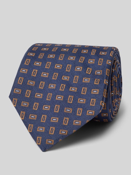Produktfoto, Krawatte aus reiner Seide mit Label-Detail von altea, klassisch blauw met oranje geometrisch patroon, breedte 8 cm, zijde textuur.