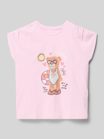 Produktfoto, T-Shirt mit Motiv Modell 'BATWING' od Guess, różowy, motyw misia, krój regular fit, bawełna z domieszką elastanu, dziecięce
