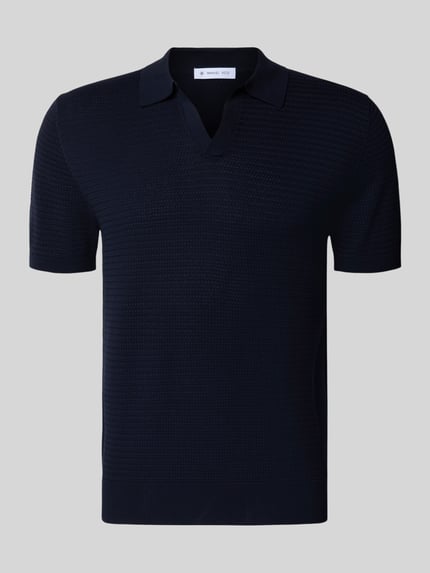 Produktfoto, Regular Fit Poloshirt mit V-Ausschnitt von Manuel Ritz, reine Baumwolle, fein gestrickte Struktur, dunkelblau, kurze Ärmel